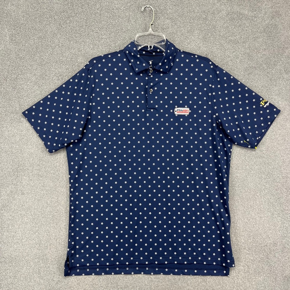 Fairway & Greene Golf Polo Mens Medium Navy Blue Star Print PGA HOPE Patriotic
